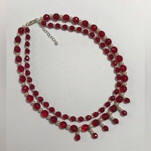 Red Glass Royal Elegant Double Strand White Faux Pearl Beaded Necklace 16 & 18”